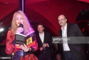 PARIS, FRANCE - MARCH 15: (L-R) Arielle Dombasle, Jerome Attal and Mikael Hirsch, Prix Castel Du Roman De La Nuit awarded writer, attend the Prix Castel 2022 Du Roman De La Nuit award ceremony at Castel Club on March 15, 2022 in Paris, France. (Photo by Foc Kan/WireImage)