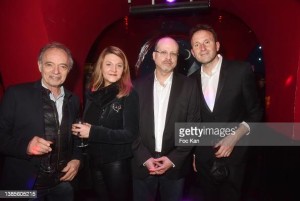 PARIS, FRANCE - MARCH 15: (L-R) Salon du Livre et du Vin de Saumur president Jean Maurice Belayche, Corinne Giessinger, Mikael Hirsch, Prix Castel Du Roman De La Nuit awarded writer, for his book 'L’Assassinat de Joseph Kessel' and writer jury member Jerome Attal attend the Prix Castel 2022 Du Roman De La Nuit award ceremony at Castel Club on March 15, 2022 in Paris, France. (Photo by Foc Kan/WireImage)